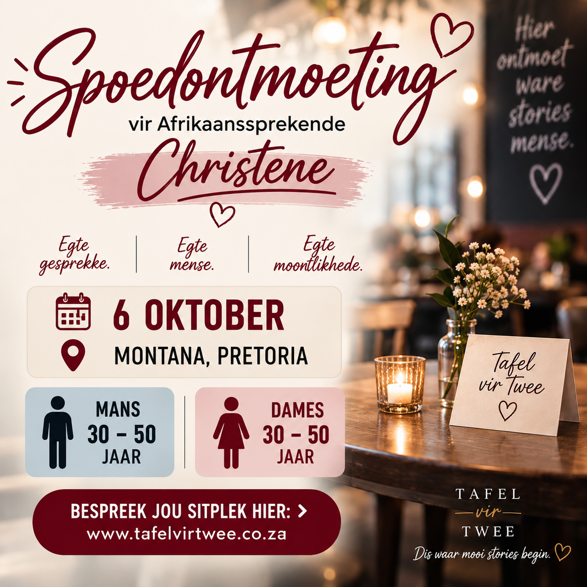 Spoedontmoeting vir Afrikaanssprekende Christene: 6 Oktober, Montana Pretoria